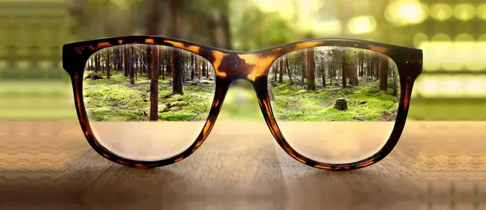 Glasses bringing a green landscape into focus