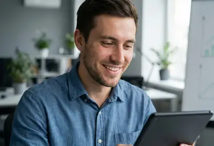Young professional smiling while working on a tablet