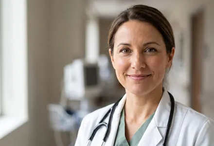 Smiling doctor with a stethoscope in a bright hospital corridor